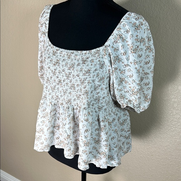 Smocked Peplum Blouse - White with Brown Floral - Picture 2 of 5